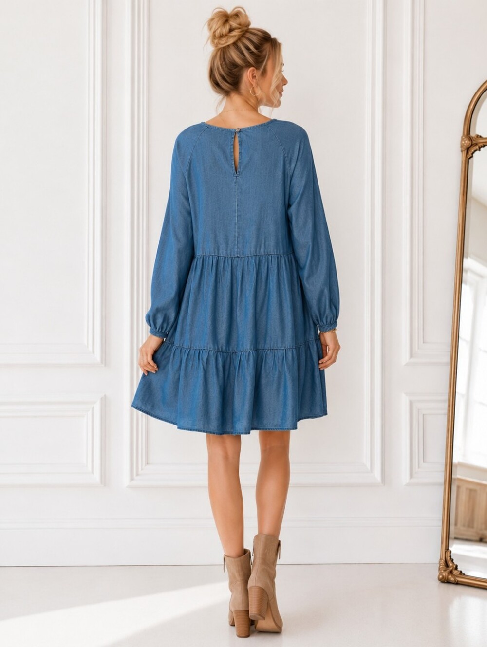 BeachLunchLounge Blue Tiered Mini Dress Size XS | Oversized Boho Lyocell Dress - Picture 2 of 8